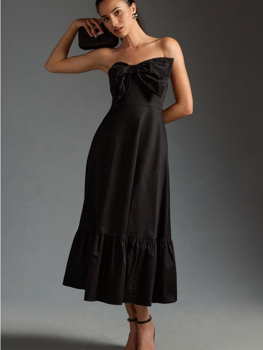 Hutch Strapless Black Midi Dress with Bow Detail